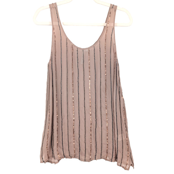 Michael Stars Sheer Silk Beaded Sequin Fairy Glam Ethereal Beige Scoop Neck Tank - Picture 1 of 8